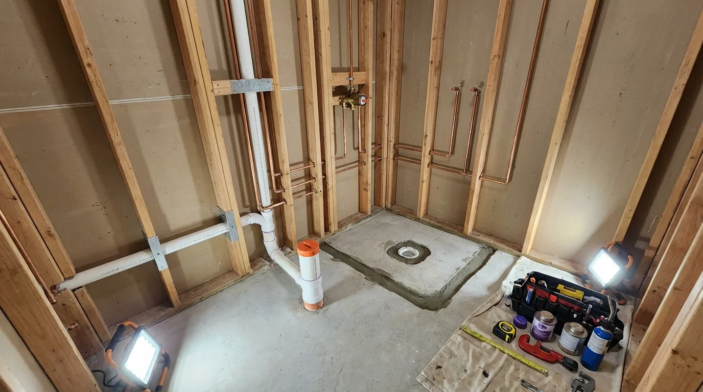 Bathroom rough-in plumbing during remodel by Johns Plumbing LLC in Wrightsville Beach