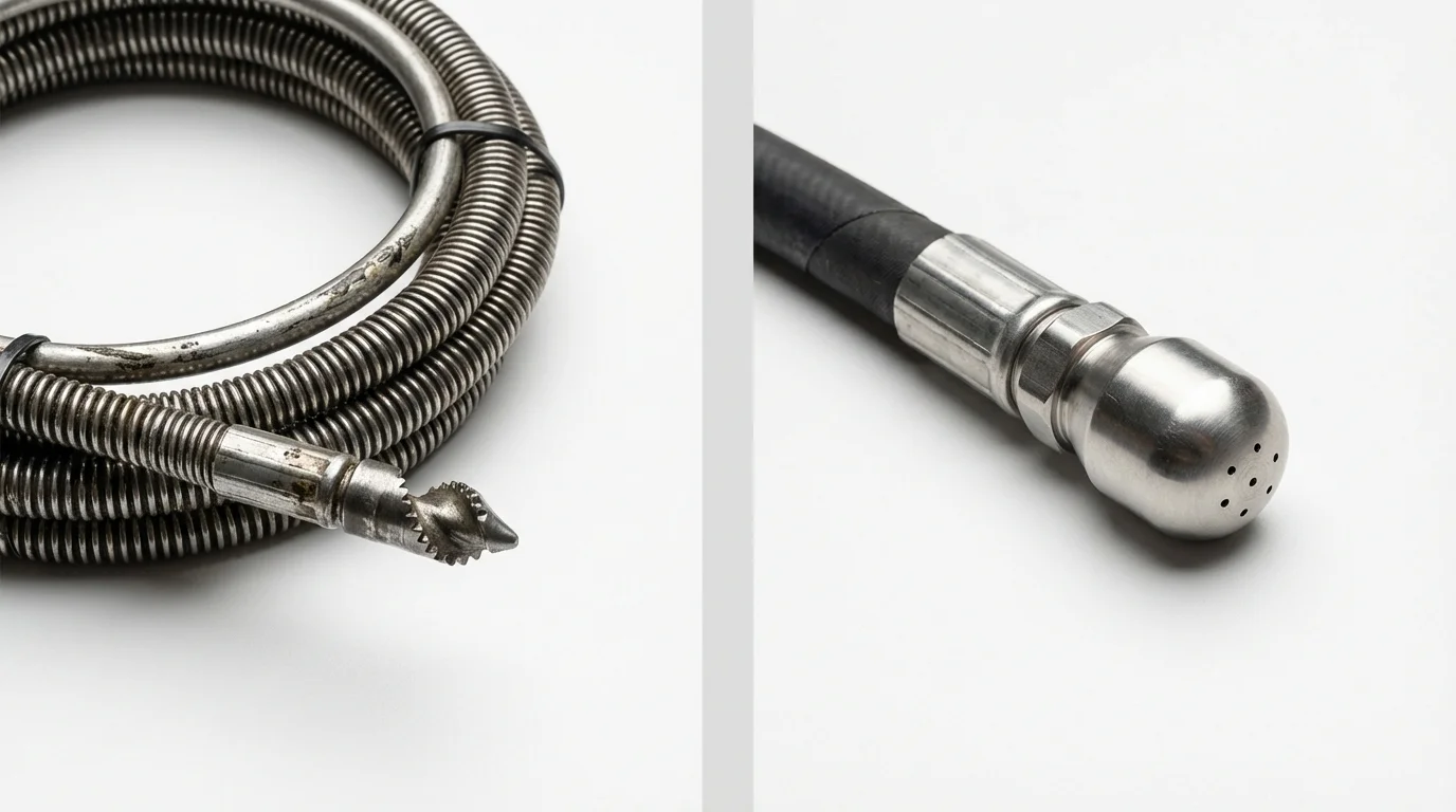 Drain snake cable and hydro jetting nozzle used for drain cleaning in Wrightsville Beach, NC