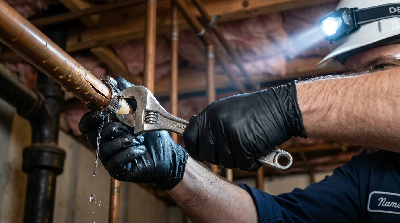 Emergency pipe clamp repair being performed by a Johns Plumbing LLC plumber in Wrightsville Beach