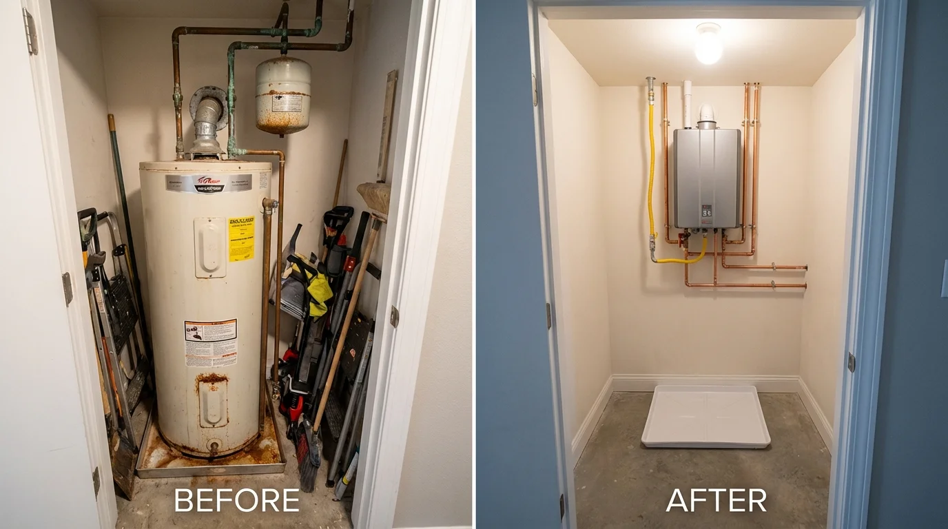 Tank water heater versus wall-mounted tankless unit comparison for Wrightsville Beach, NC homeowners