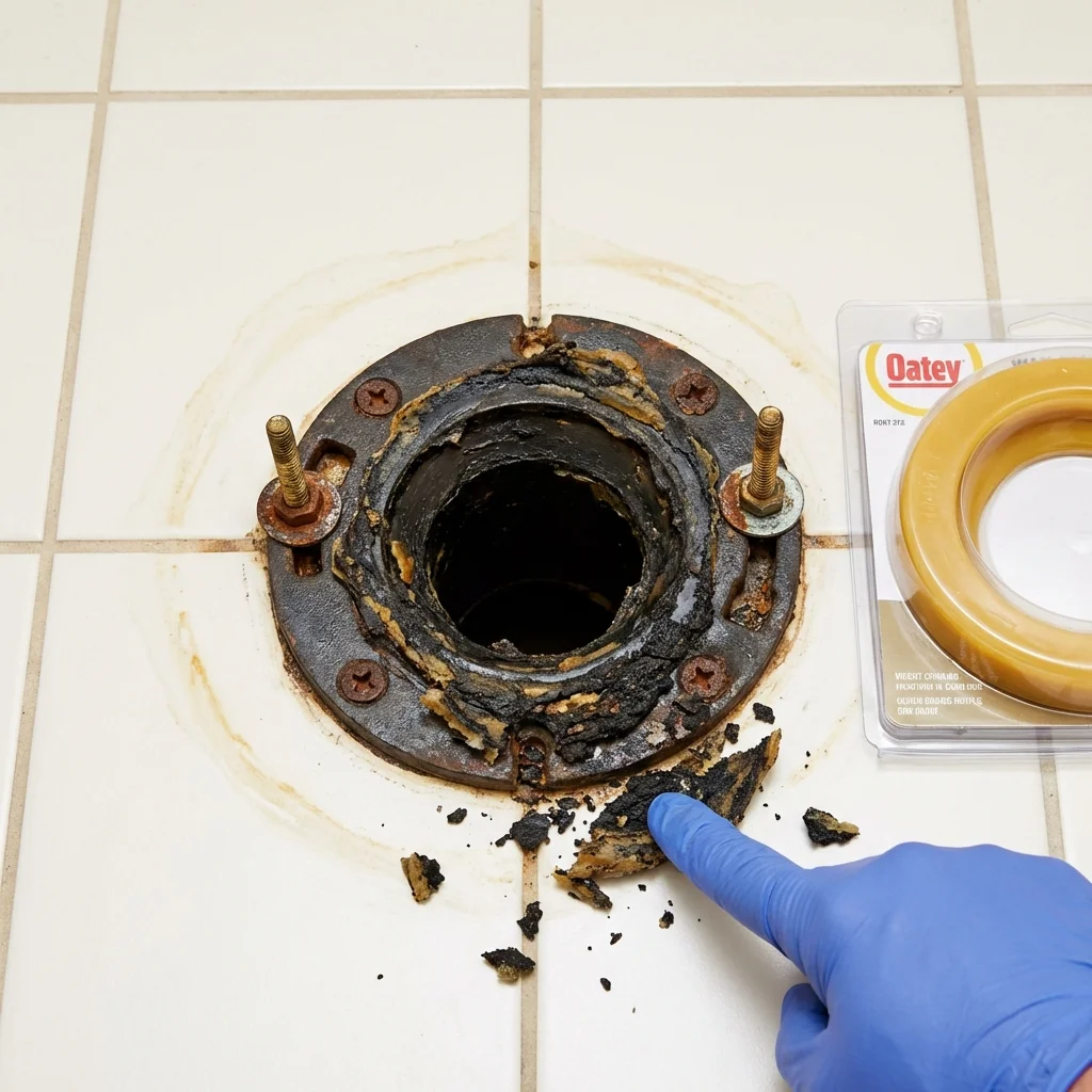 Failed wax ring showing water seepage at the base of a toilet in a Wrightsville Beach, NC home