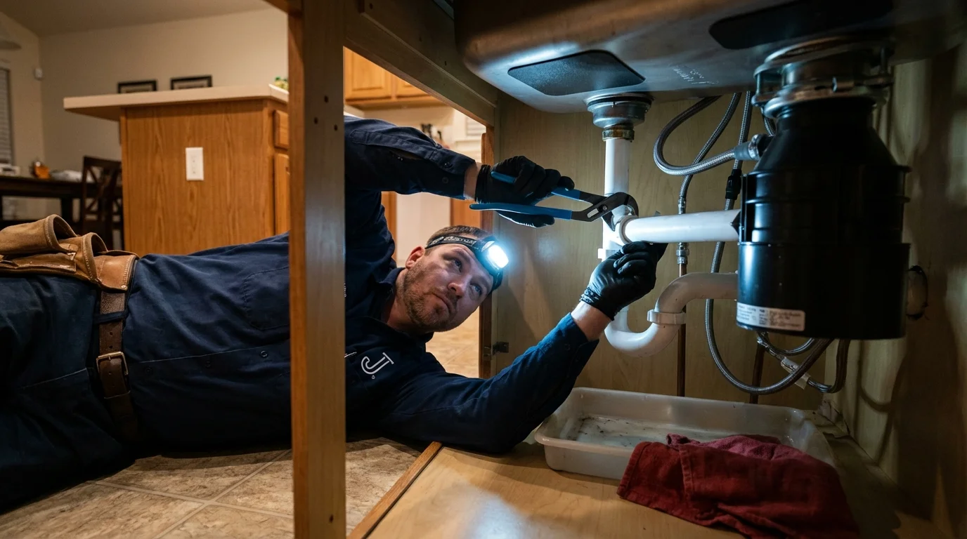 P-trap and supply line connections under a kitchen sink showing a common leak point in Wrightsville Beach, NC